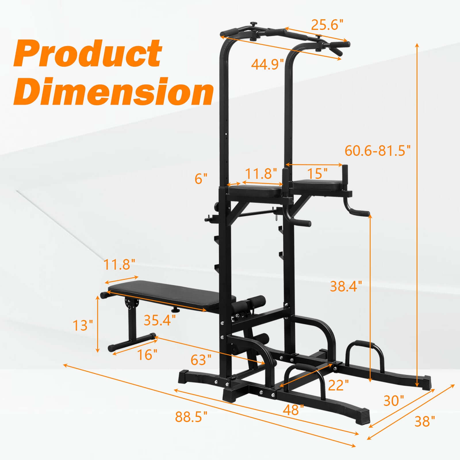 HEAVY-DUTY ADJUSTABLE POWER TOWER PULL-UP & DIP STATION WITH BENCH