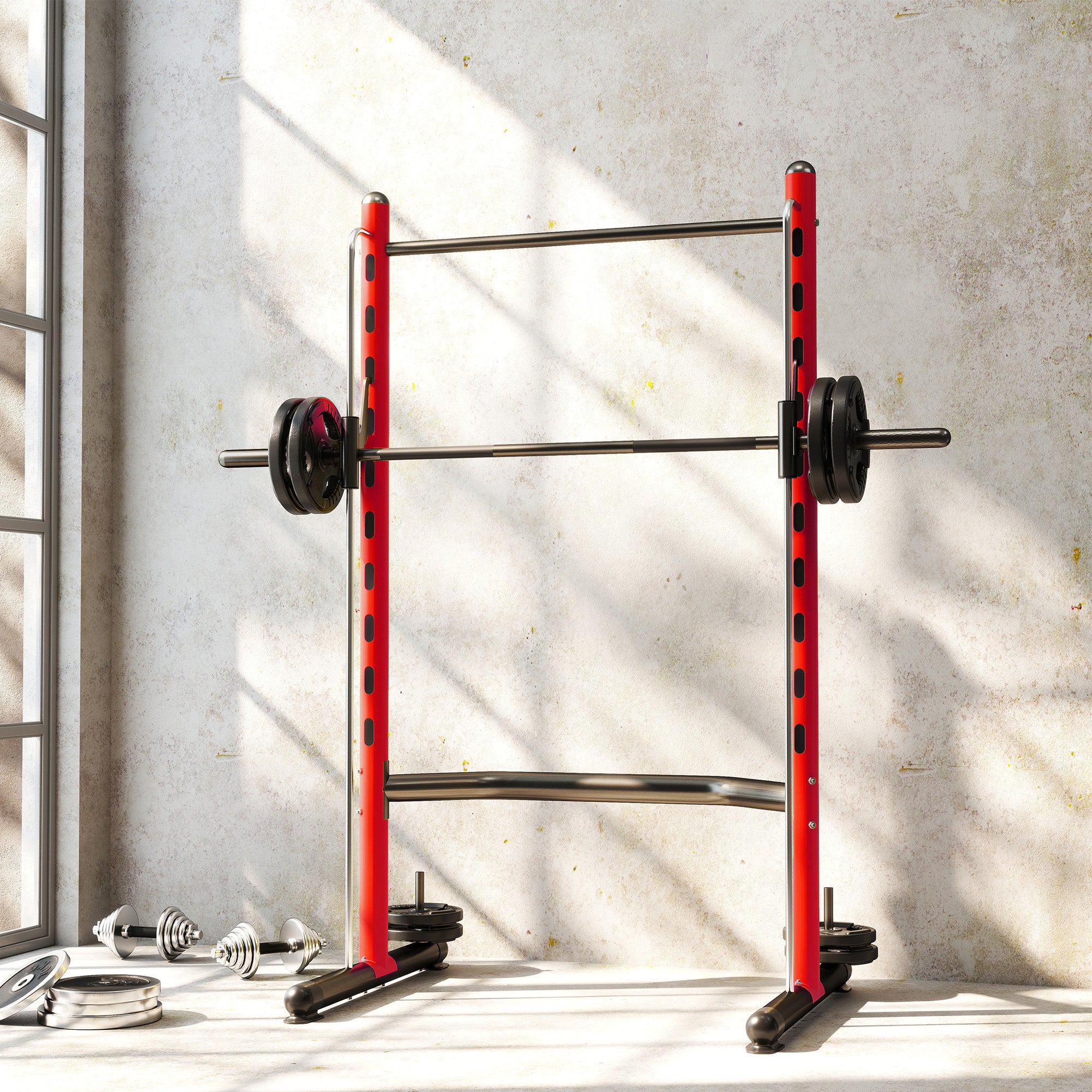 Squat Rack with Pull Up Bar and Barbell Bar Adjustable Bench Press Multi-Function Weight Lifting Half Rack Red
