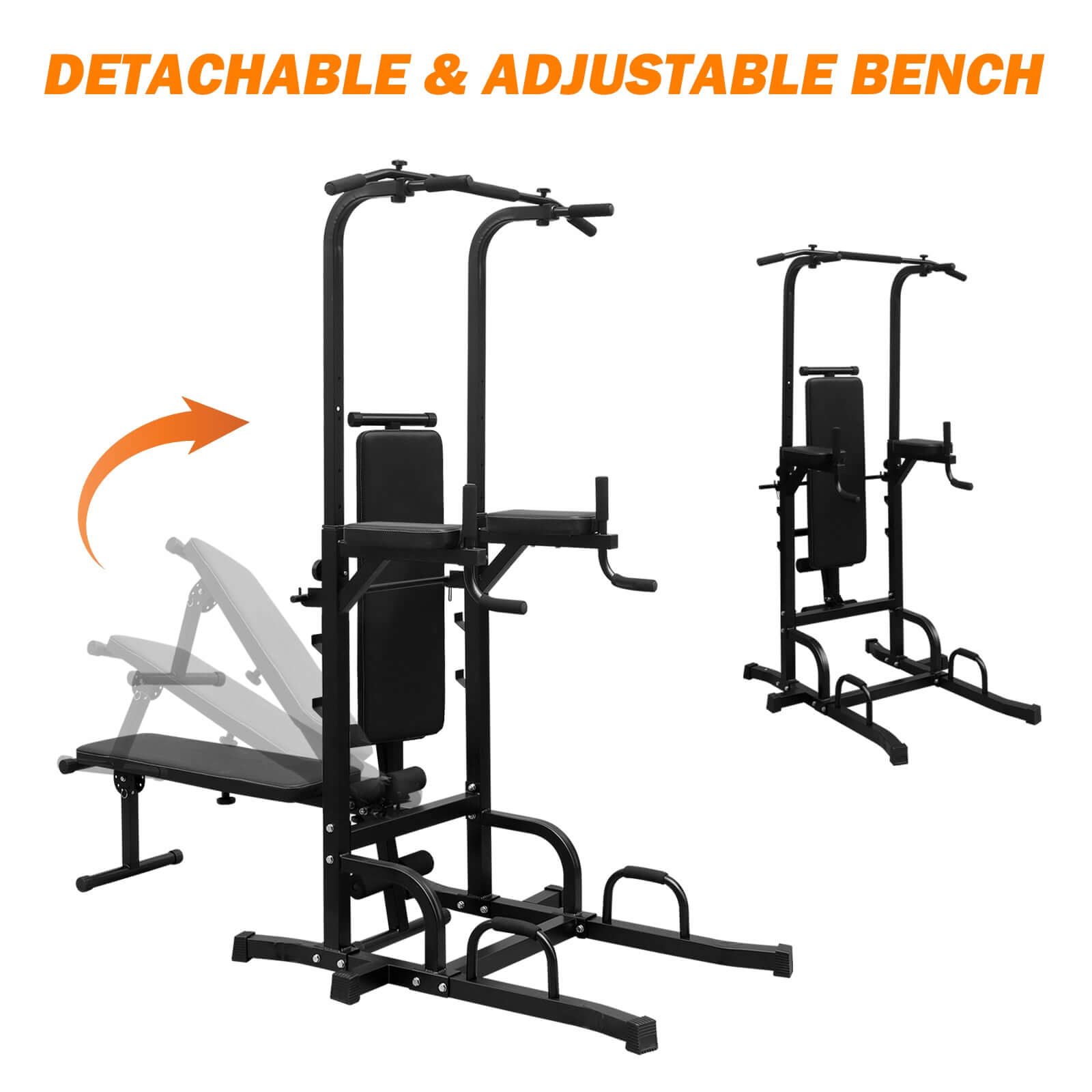HEAVY-DUTY ADJUSTABLE POWER TOWER PULL-UP & DIP STATION WITH BENCH