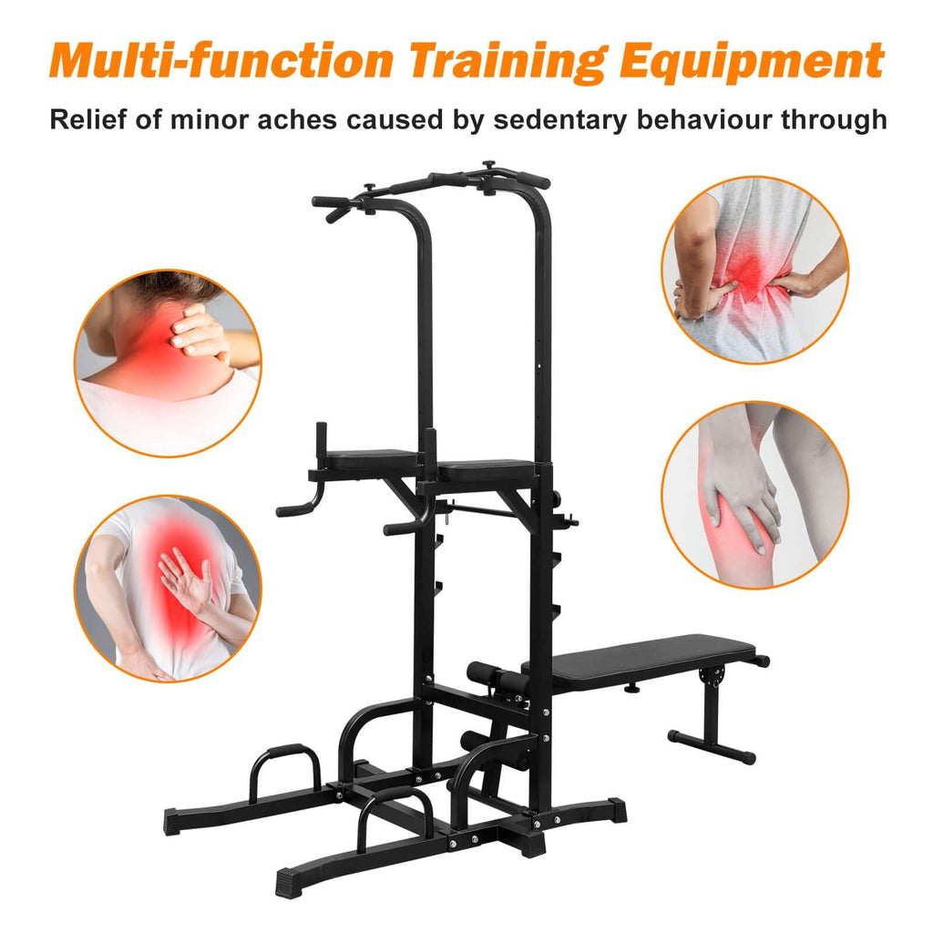 HEAVY-DUTY ADJUSTABLE POWER TOWER PULL-UP & DIP STATION WITH BENCH