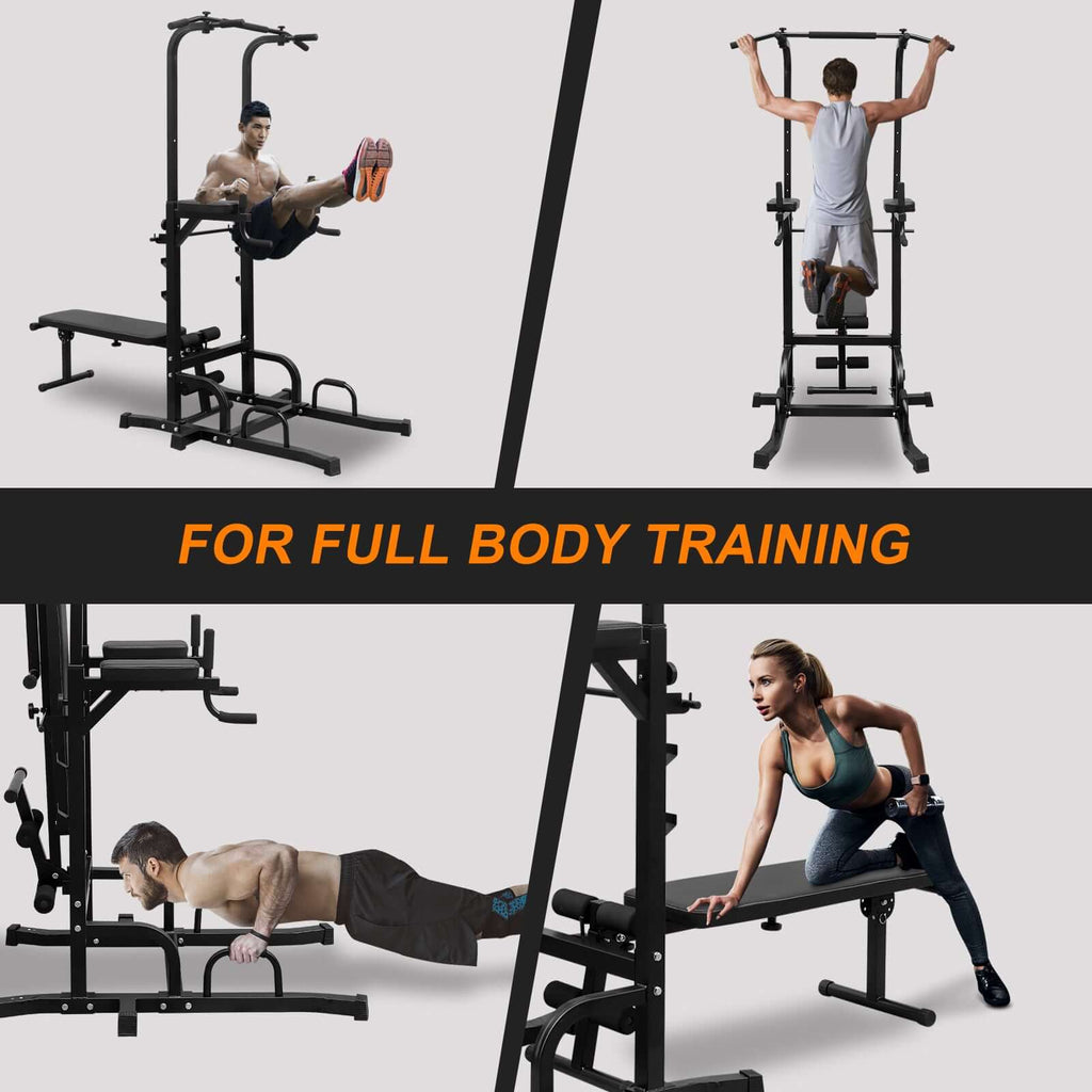 HEAVY-DUTY ADJUSTABLE POWER TOWER PULL-UP & DIP STATION WITH BENCH