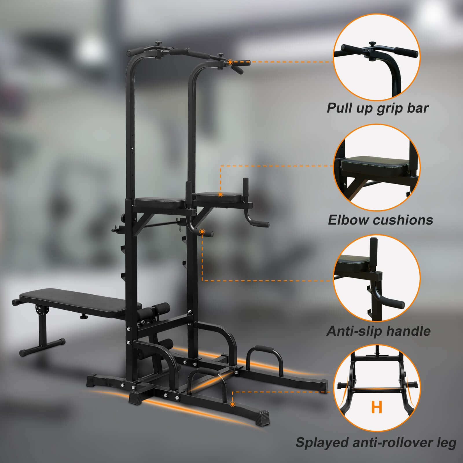 HEAVY-DUTY ADJUSTABLE POWER TOWER PULL-UP & DIP STATION WITH BENCH